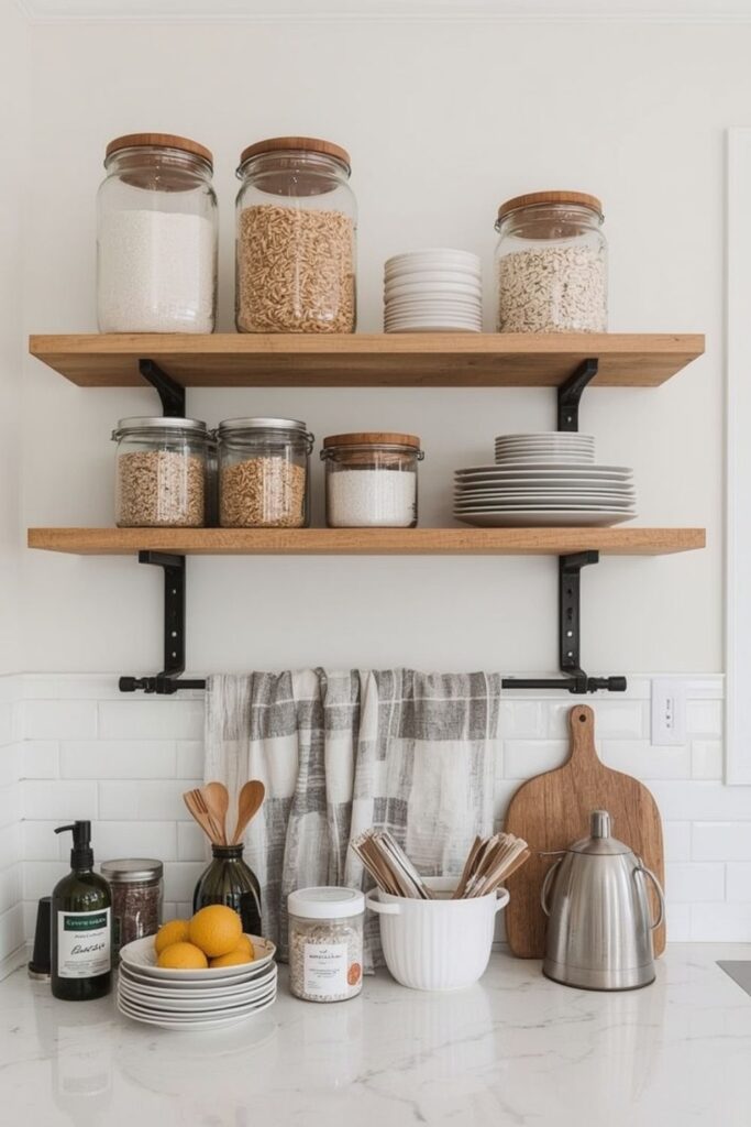 Small Kitchen Storage Ideas Without Cabinets on a Budget- Budget kitchen wall with glass jars and wooden crate shelving