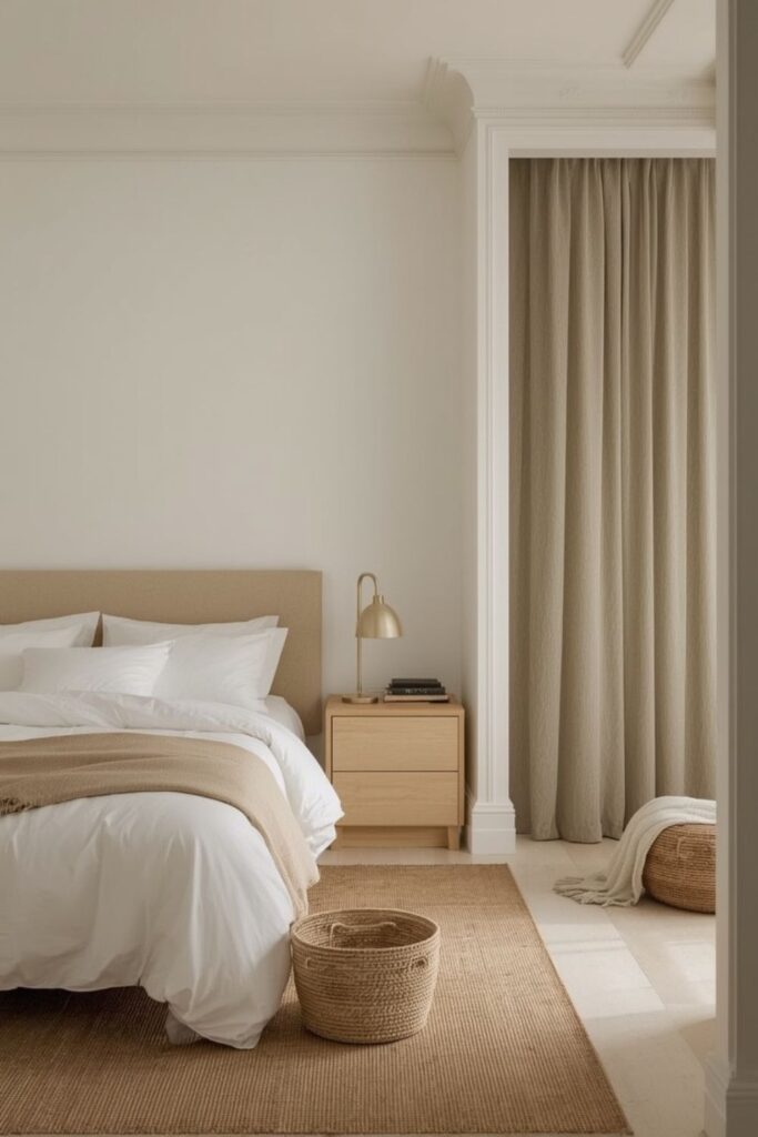 Clear bedside table in a small minimalist bedroom