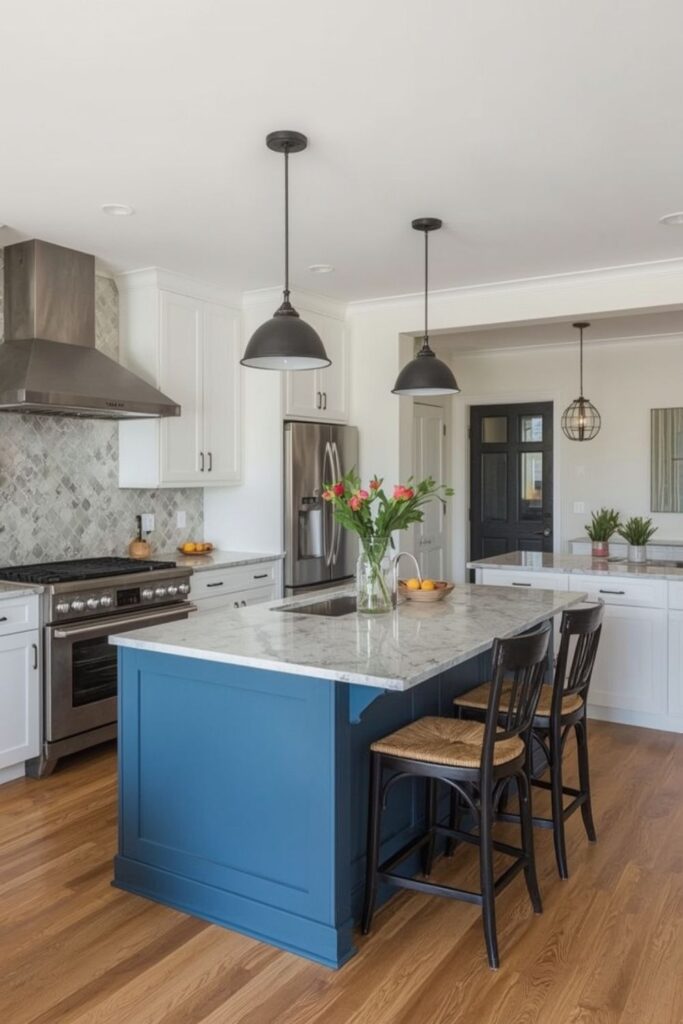 Compact kitchen island extended into a small dining table with soft lighting