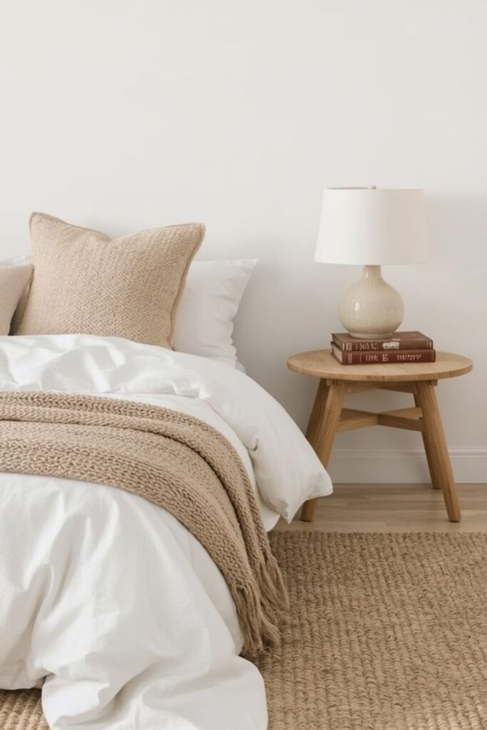 Cozy linen bedding in a small minimalist bedroom