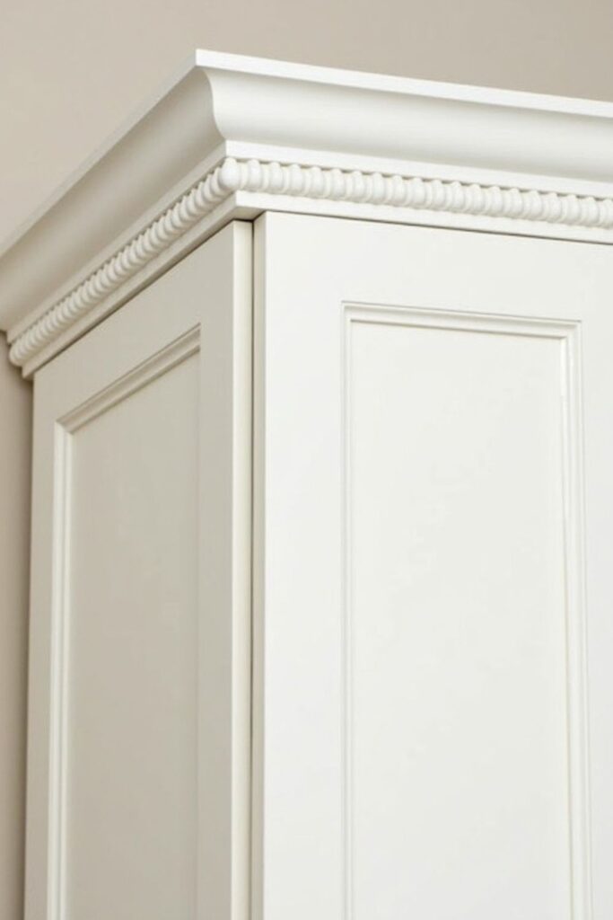 crown molding installed above kitchen cabinets to seal gap and stop dust accumulation