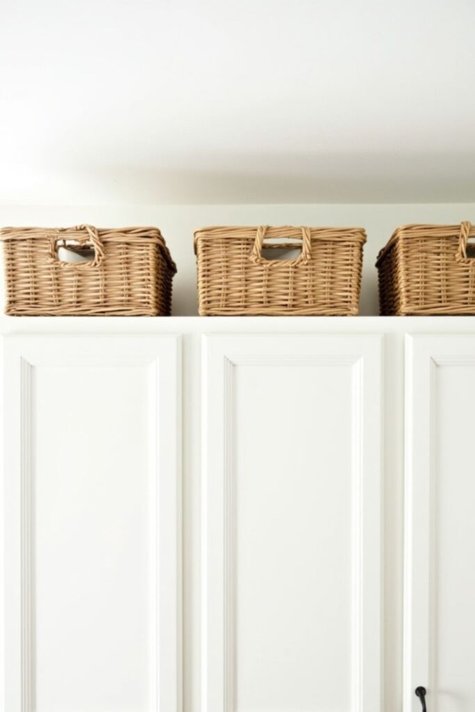 lidded woven baskets above kitchen cabinets for dust free storage and low maintenance decor