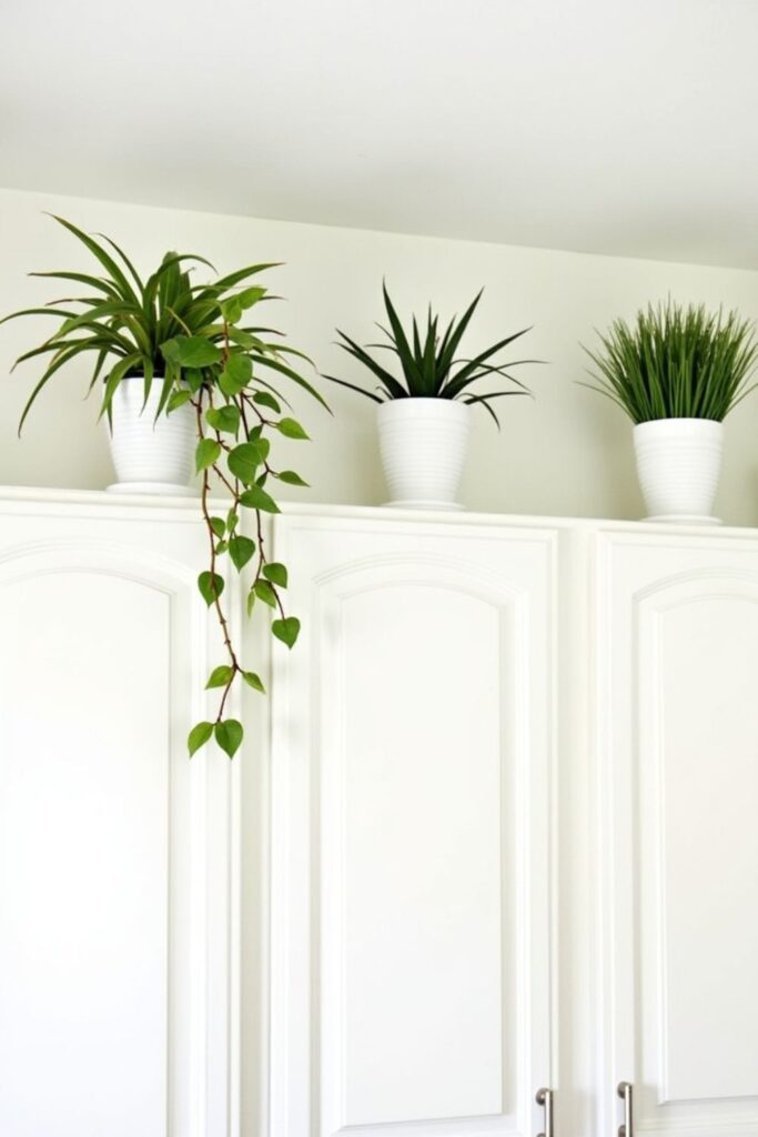 faux plants in ceramic pots above kitchen cabinets for low maintenance dust free kitchen decor