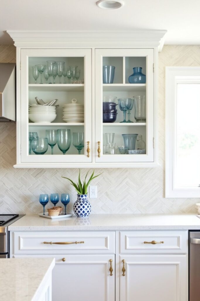 glass front cabinets above kitchen cabinets protecting decor from dust and grease buildup