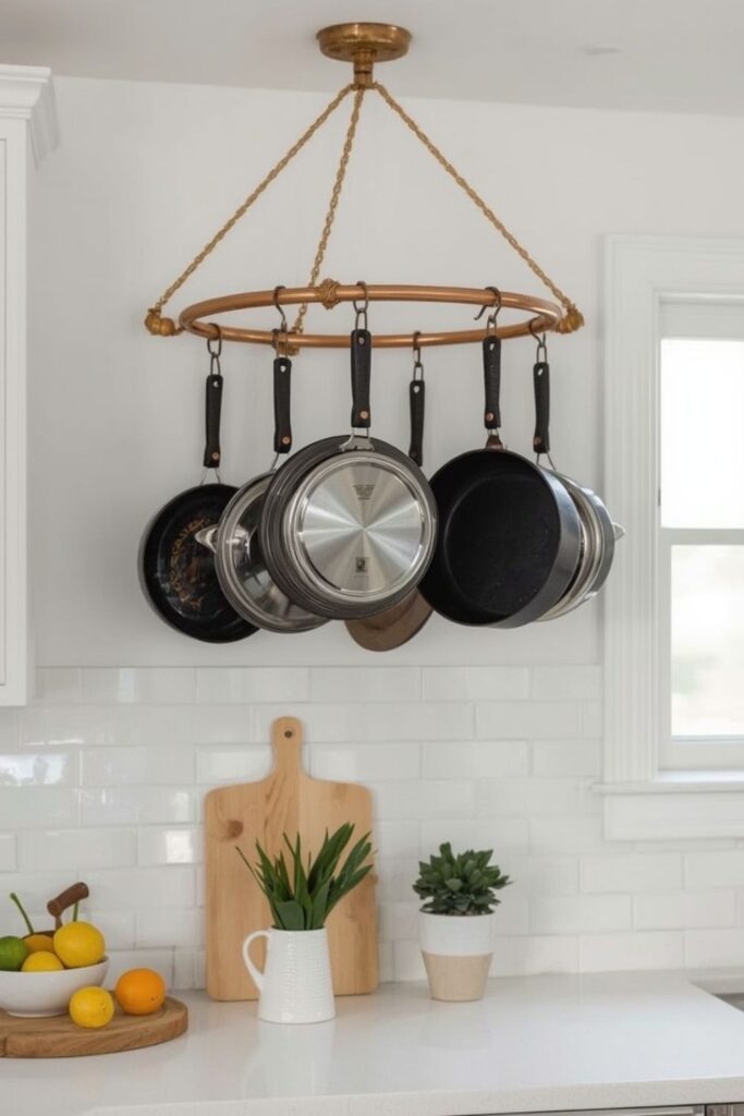 Small Kitchen Storage Ideas Without Cabinets DIY- Hanging pot rack made from wood and copper pipes