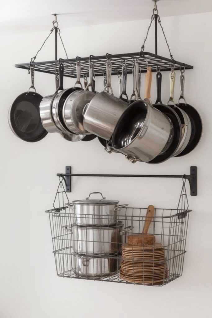 Hanging pots on wall mounted rail