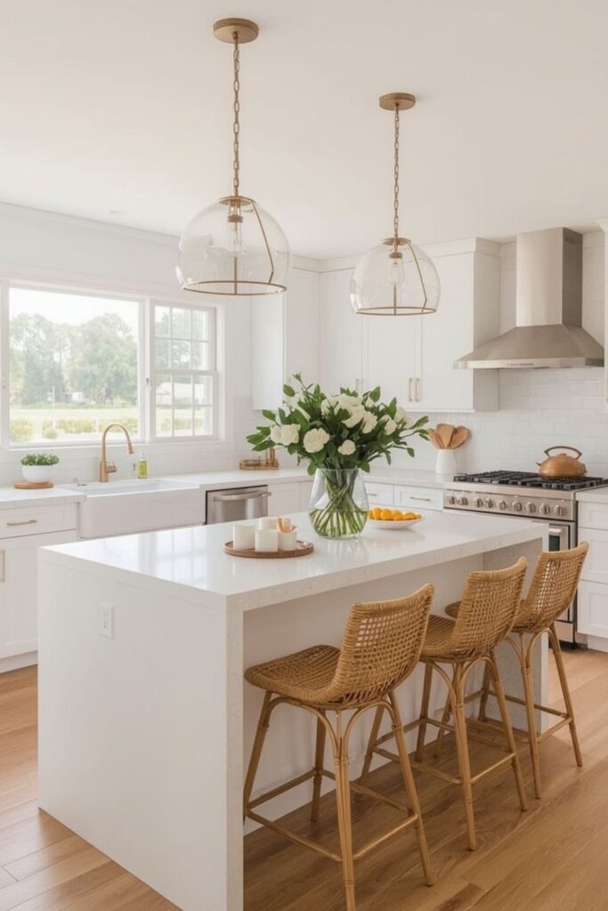 Light small kitchen island with slim white design and open walking space