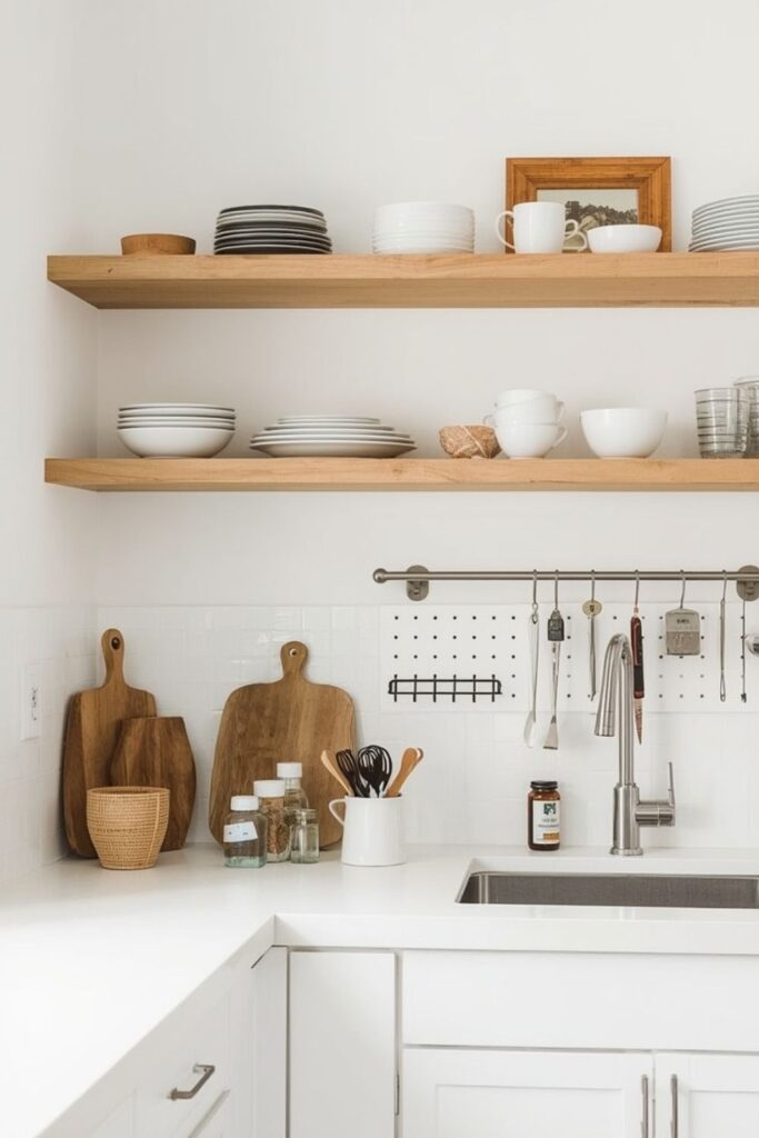 How to Organize a Small Kitchen Without Cabinets Using Wall Space- Light wood floating shelves with neatly stacked dishes