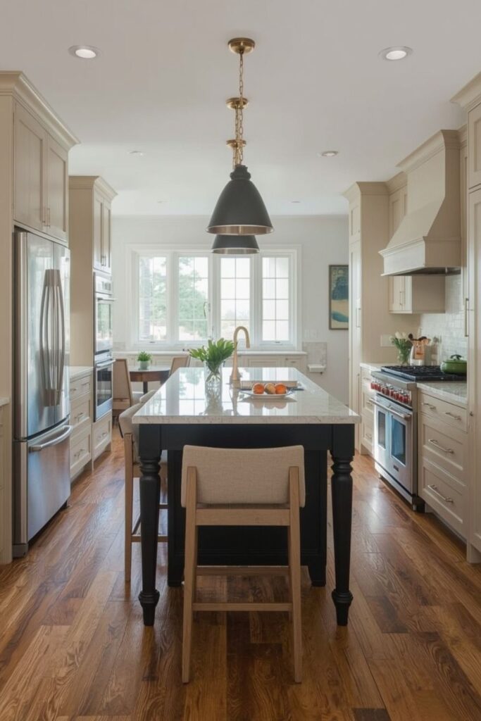Long narrow kitchen island aligned with galley kitchen layout