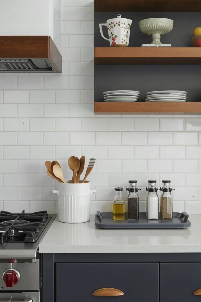 Minimal countertop with tray and ceramic utensil holder