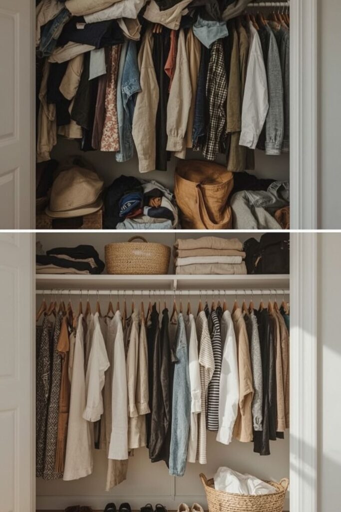 Minimalist Declutter Before and After Clothes Closet Transformation