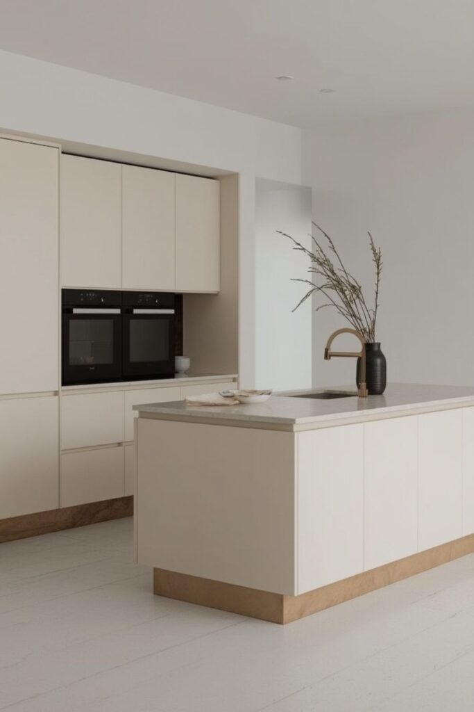 Modern small kitchen island with soft tones and subtle contrast countertop