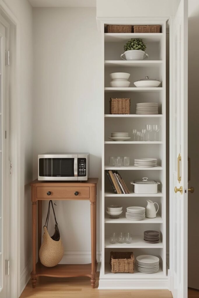 Narrow console table with microwave and baskets below-Small Kitchen Storage Ideas Without Cabinets for Small Spaces