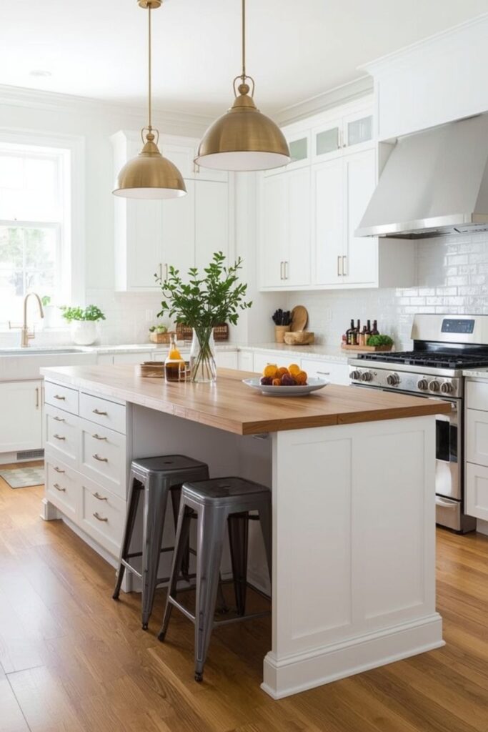 Narrow kitchen island with stools fully tucked underneath