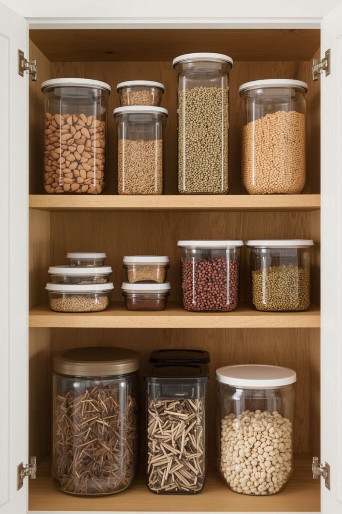 Nested glass containers with lids stored vertically