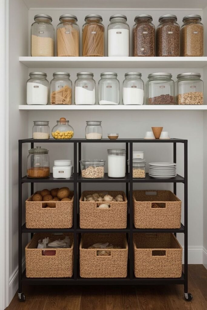 Line Up Matching Glass Jars on Open Shelves for a Clean Pantry Look