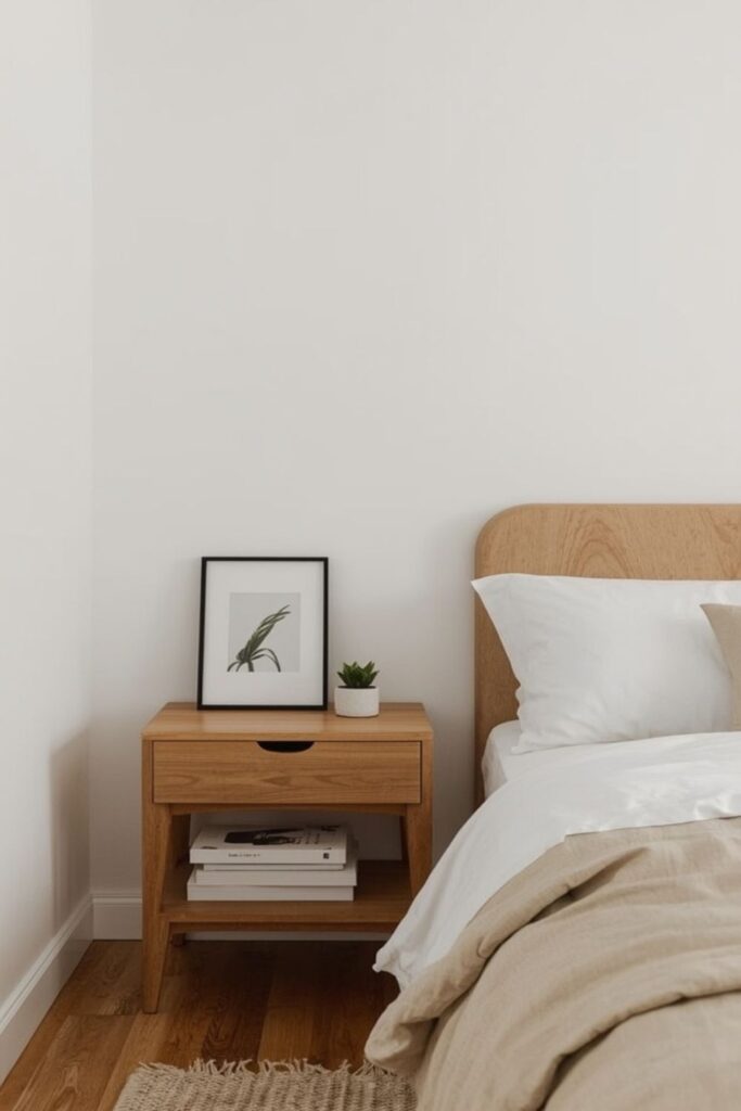 Personal minimalist bedroom detail in a small room