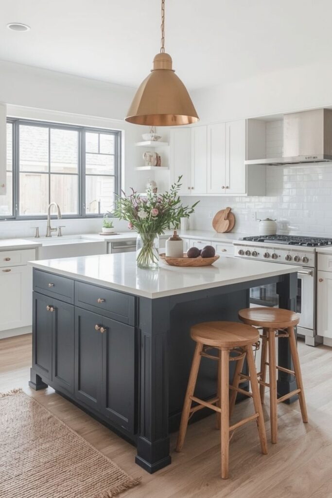 Pinterest style small kitchen island with plant decor and soft textures