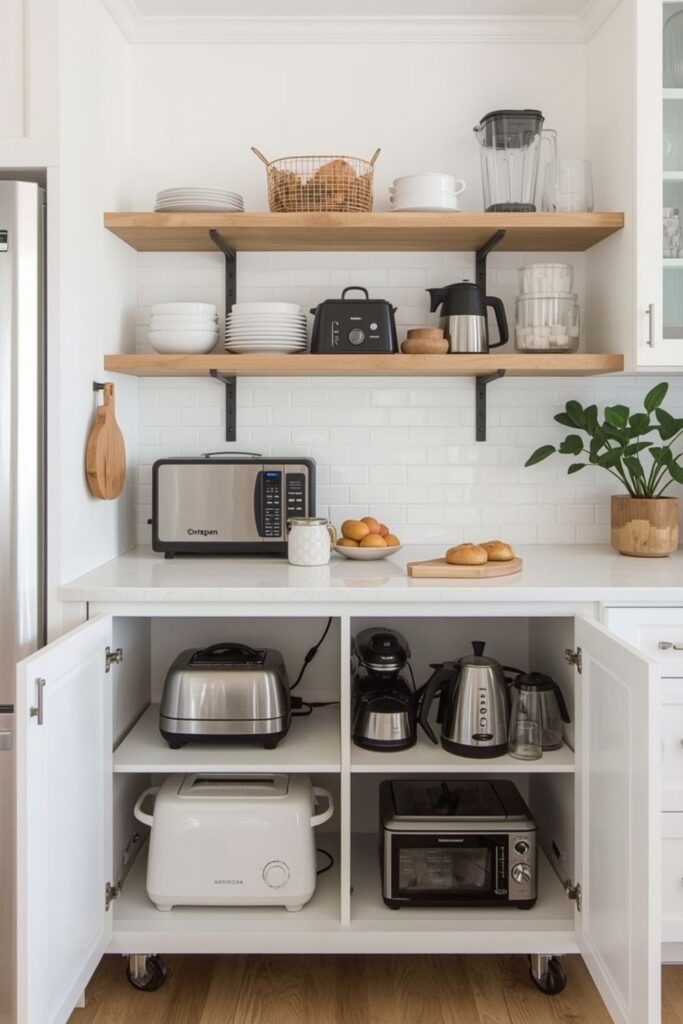 Rolling cart holding blender and toaster