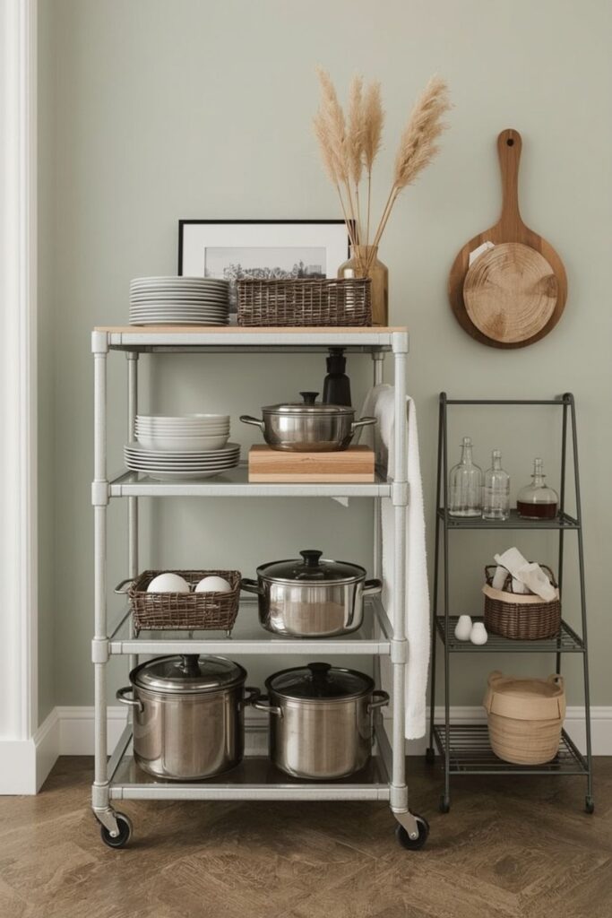 Small Kitchen Storage Ideas Without Cabinets and Shelves- Rolling kitchen cart beside fridge with layered storage