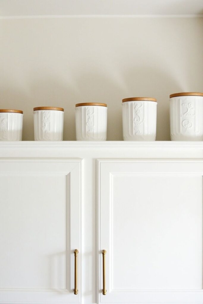 white ceramic jars with lids above kitchen cabinets for dust free and low maintenance kitchen storage