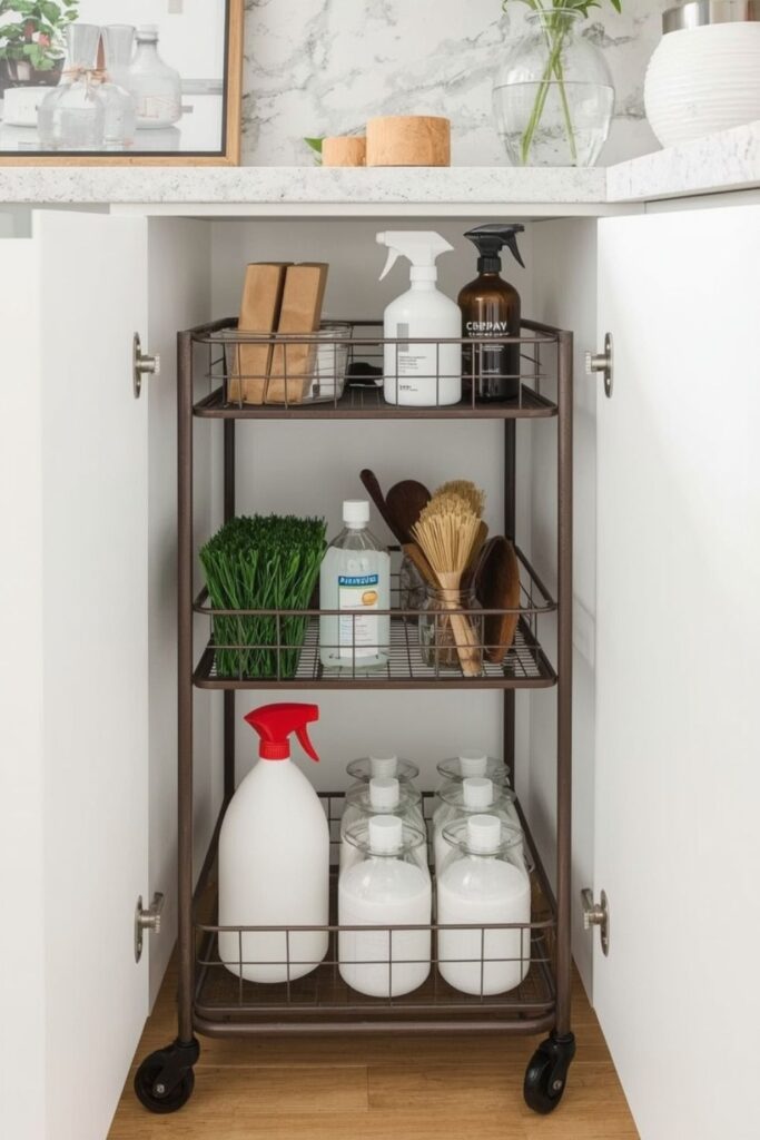 Slim cart with cleaning bottles and brushes