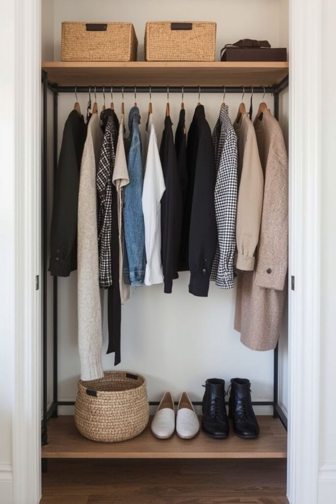 Small Bedroom No Closet Solution with Open Wooden or Metal Racks