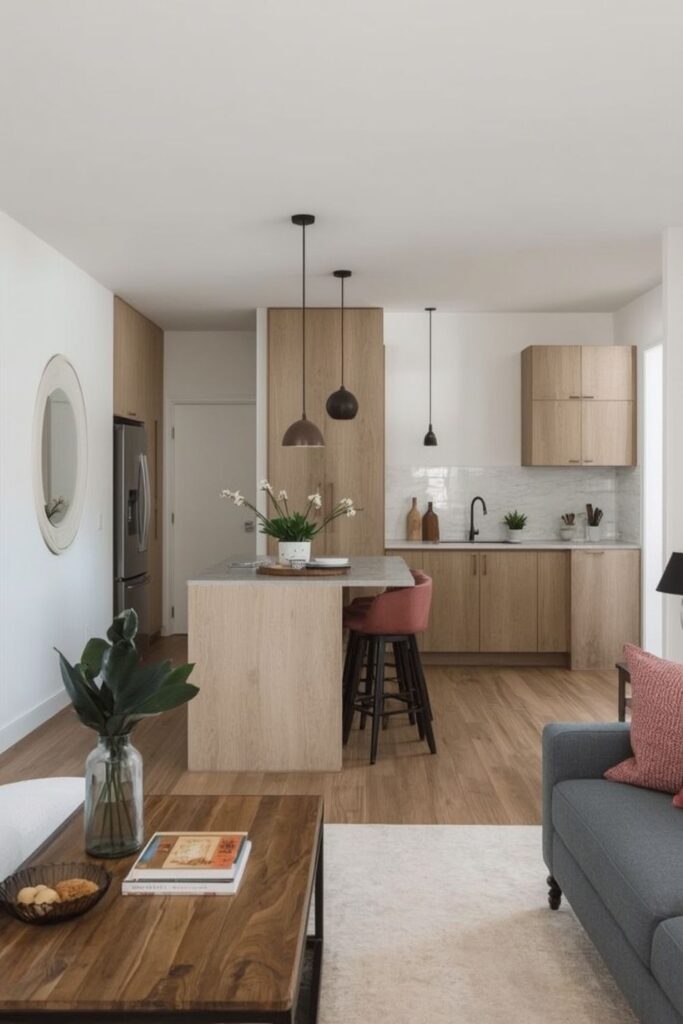 Small kitchen island facing living room with soft lighting and open flow