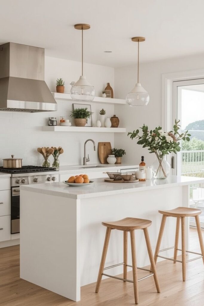 Small kitchen island styled for daily use with soft lighting and minimal decor