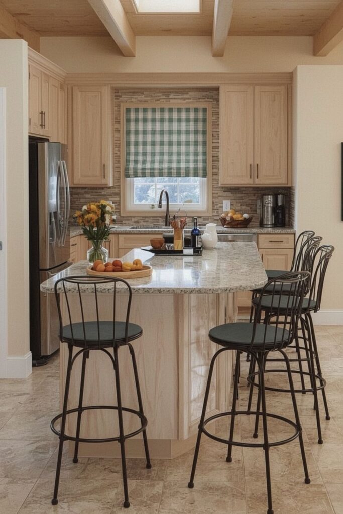 Small kitchen island with four slim stools in a compact layout
