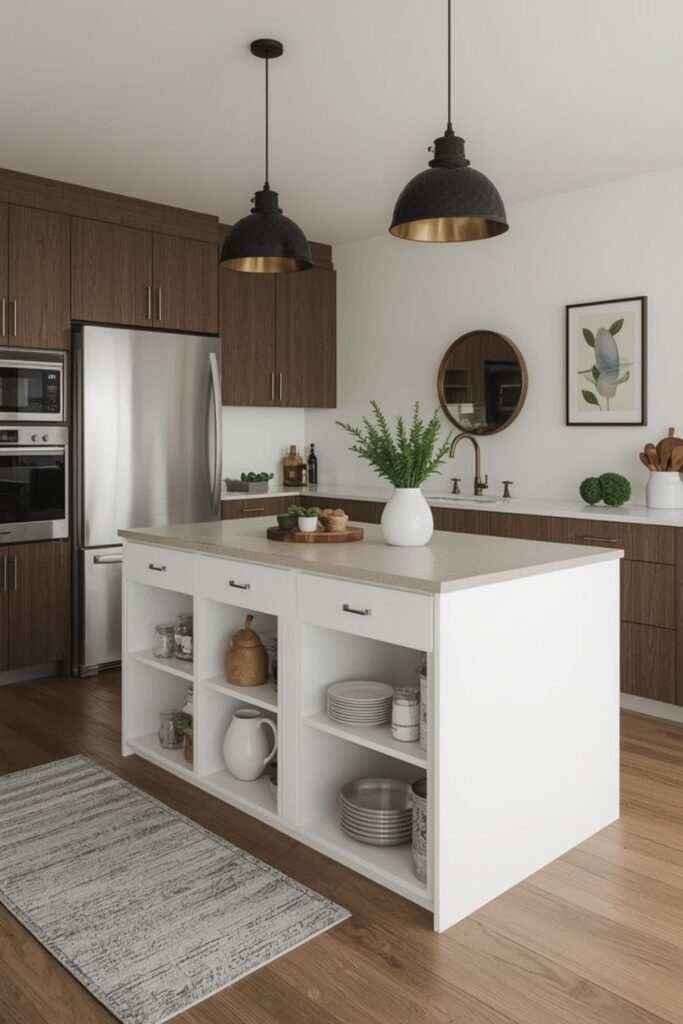 Small kitchen island with hidden drawers and open shelving storage