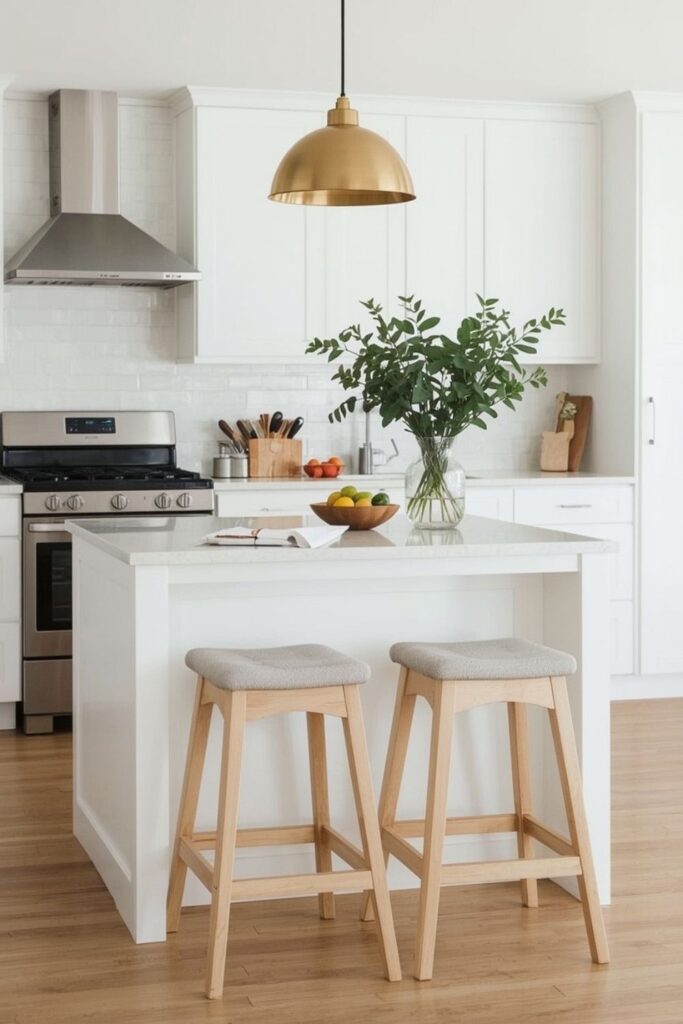 Small kitchen island with two stools tucked neatly under wooden counter