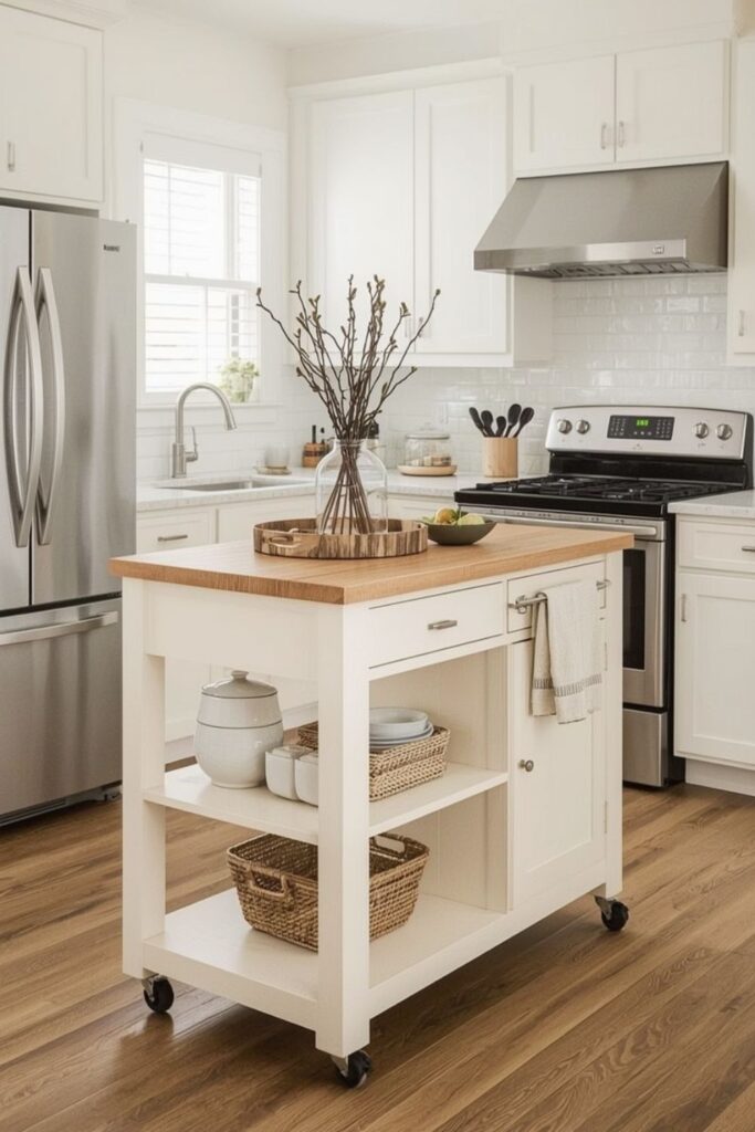 Small movable kitchen island on wheels placed near wall