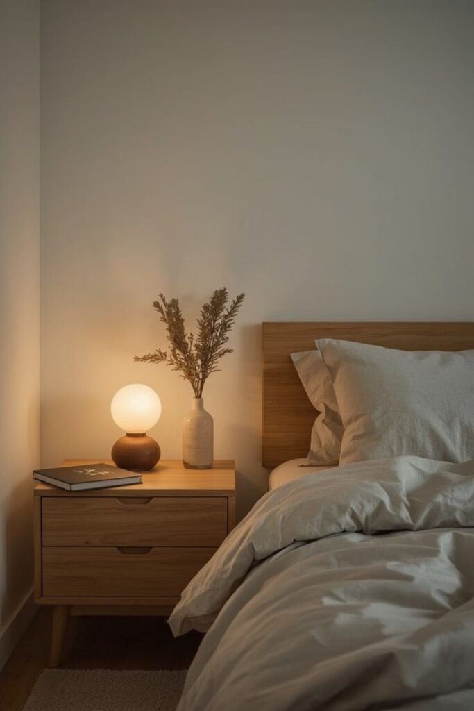 Soft lighting in a small modern minimalist bedroom