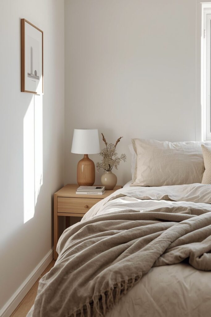 Soft neutral bedroom palette for a small calm space