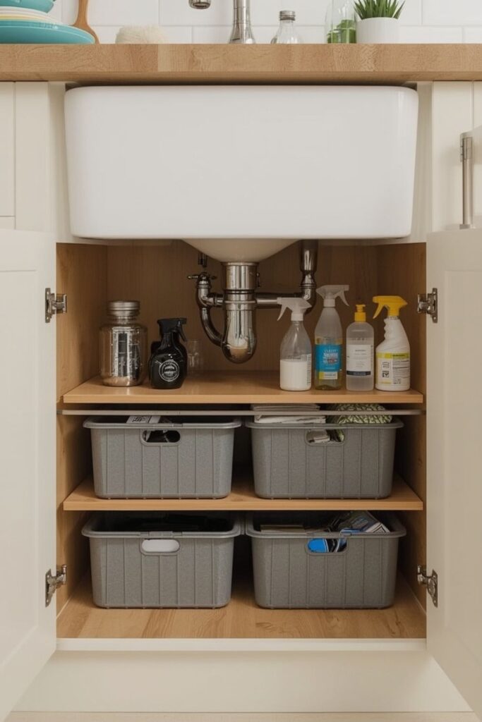 Under sink area with bins and hanging spray bottles