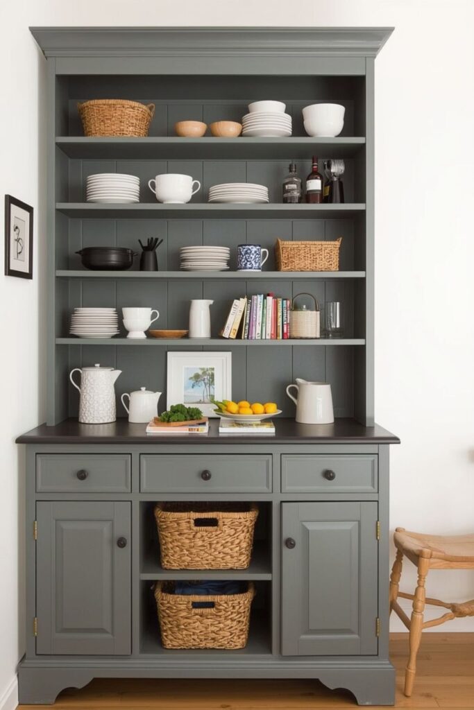 Vintage dresser used as kitchen storage unit
