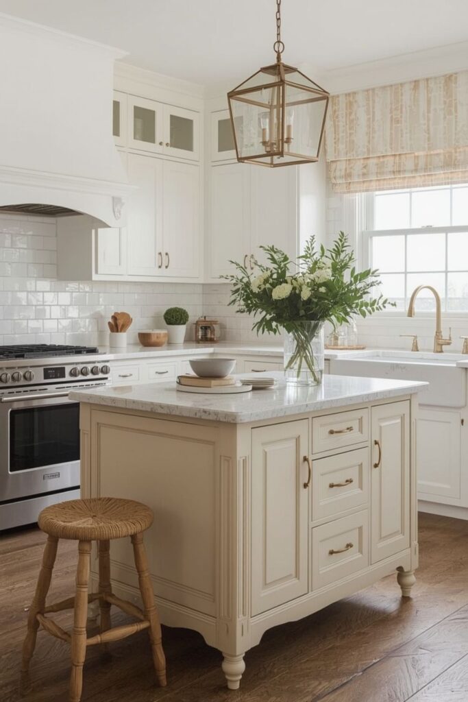 Vintage style small kitchen island with soft wood tones and cozy feel
