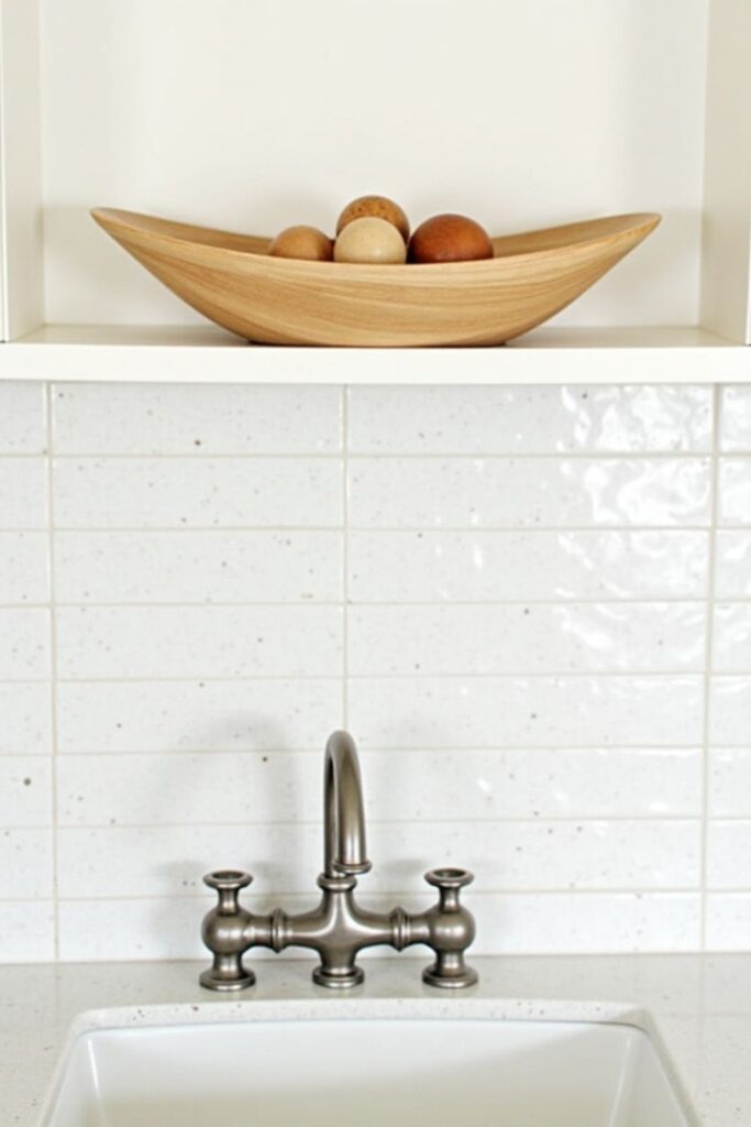 large wooden tray above kitchen cabinets to contain dust and create easy clean decor setup