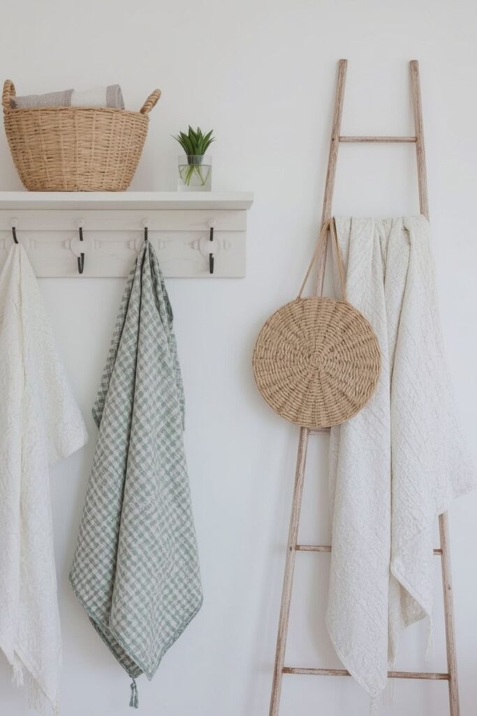 Wooden ladder holding folded kitchen towels