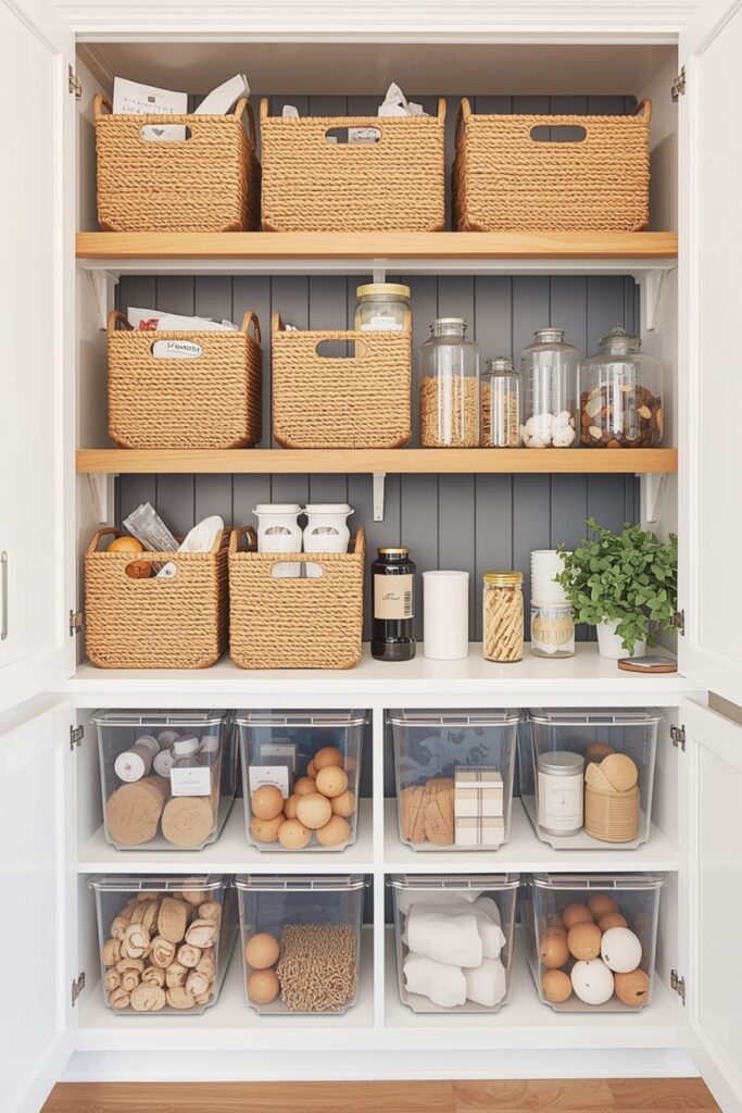 Small Kitchen Storage Ideas Without Cabinets Using Baskets and Bins- Woven baskets on open shelves holding kitchen essentials