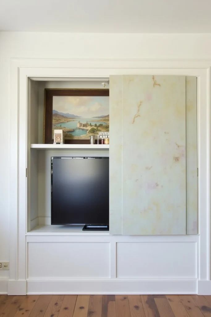 small living room hidden TV behind sliding panel