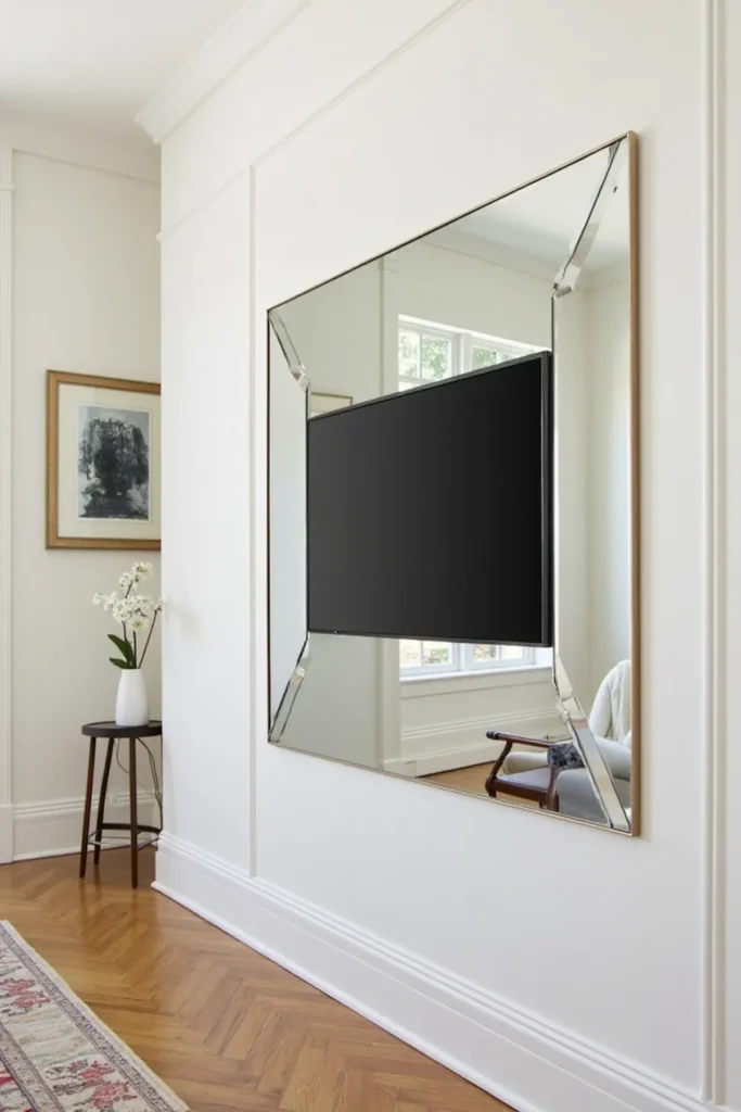 small living room with mirror TV that looks like mirror