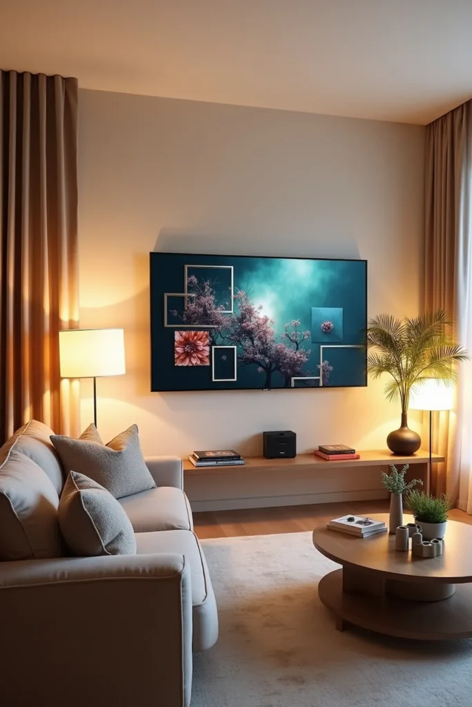 small living room with frame TV displaying artwork
