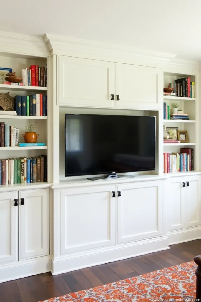 small living room with TV and bookshelves storage
