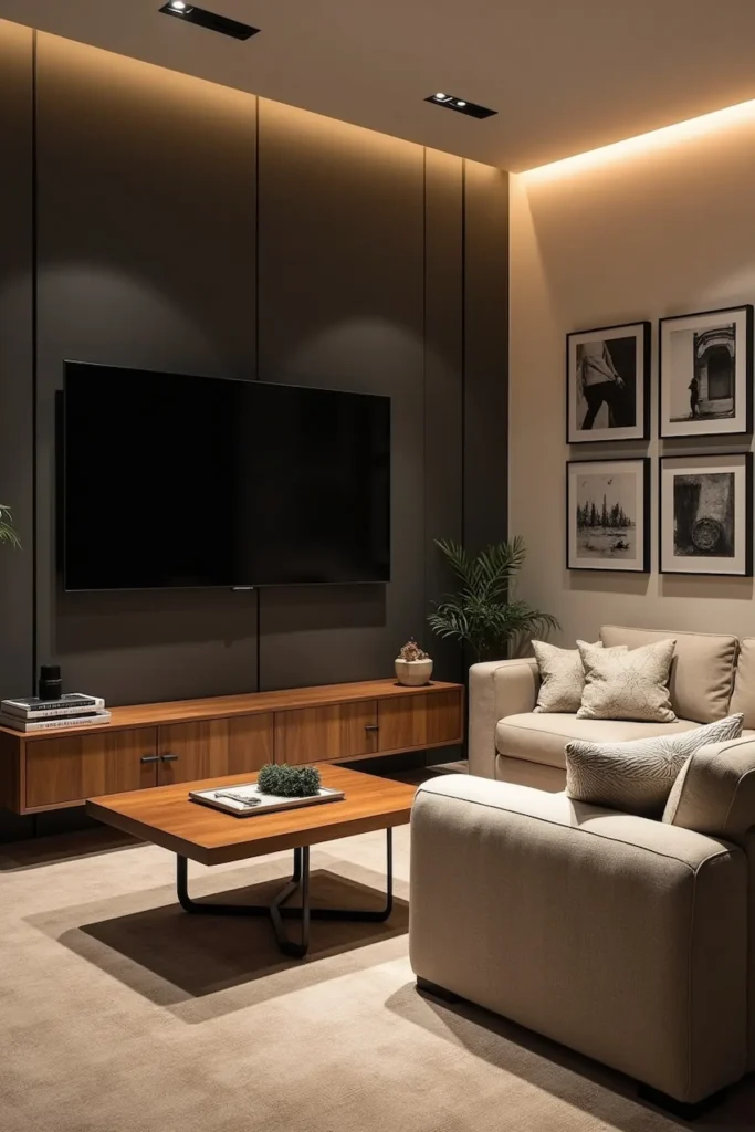 small living room with TV on dark accent wall design