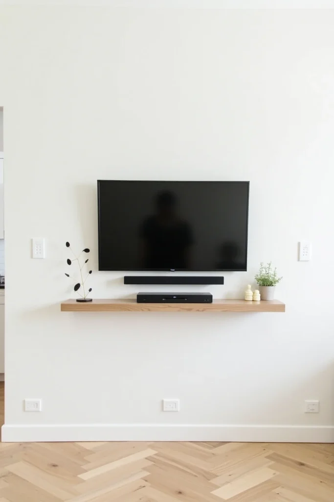 small living room TV with floating shelf minimalist setup