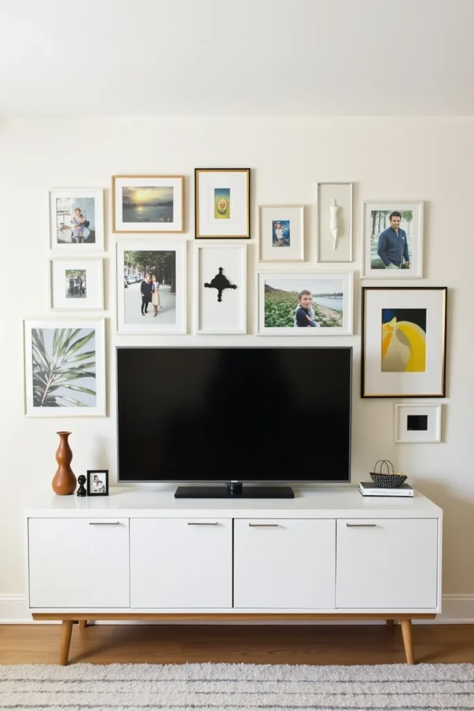 small living room with TV in gallery wall setup