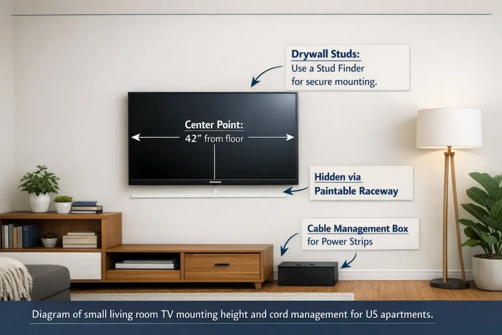 Technical diagram of a small living room showing a wall-mounted TV at 42 inches high, cable management with a paintable raceway, and a power strip box.