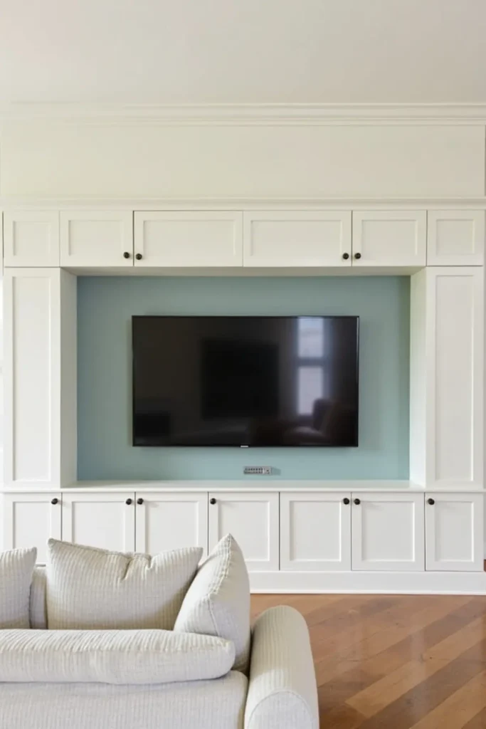 small living room with recessed wall niche TV setup